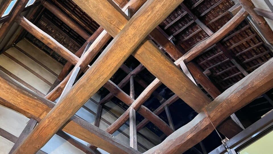 Kimi no I sake brewery building. Large wooden beams that support the roof during heavy snow.
